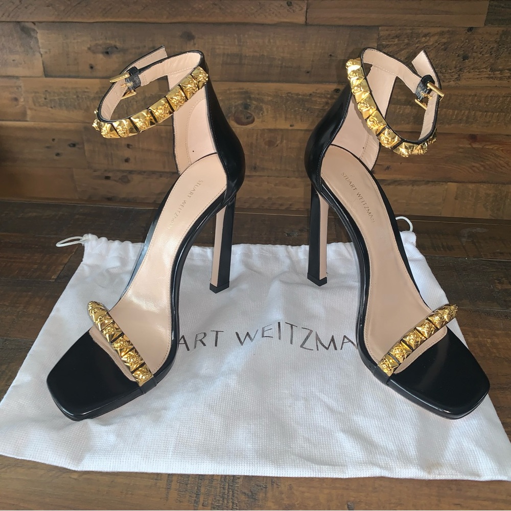 Stuart Weitzman Rosist Heeled Sandal Black w/ Gold Spikes - Size 8